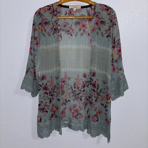 Rewind Floral Kimono Cardigan Small Sage Green Crochet Lace Boho Semi-Sheer - Picture 2 of 11